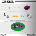 Mezco One:12 Collective The Joker Golden Age Edition accessories including hat, badge, utility belt, Joker card, newspaper, and display base.